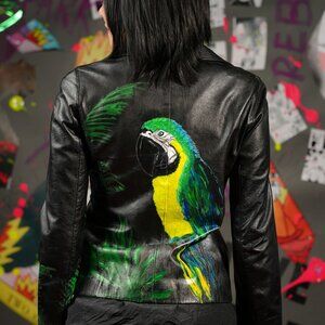 Upcycled Vintage Leather Jacket by Mario Oliva – Hand-Painted, Size XS